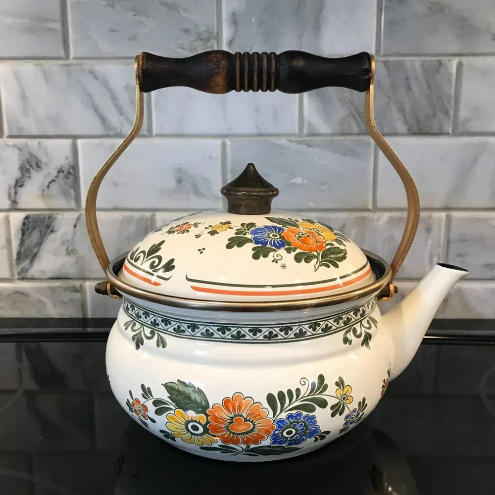 Asta Floral Enamelware Vintage Tea Kettle with Brass and Wood Handle and Lid